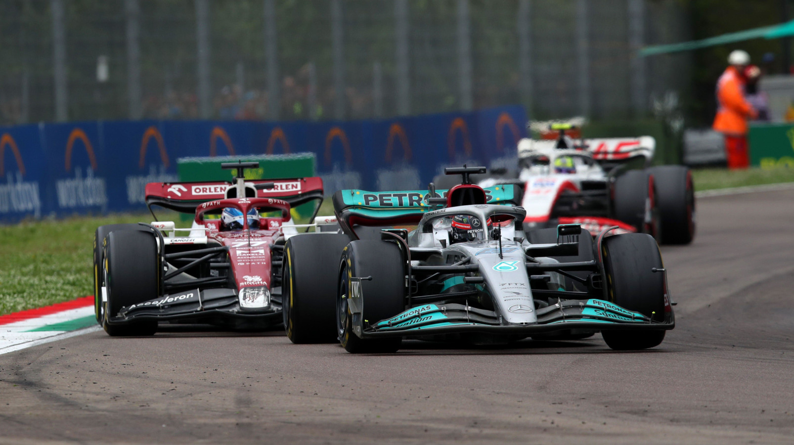 George Russell leads Valtteri Bottas and Kevin Magnussen. Imola April 2022