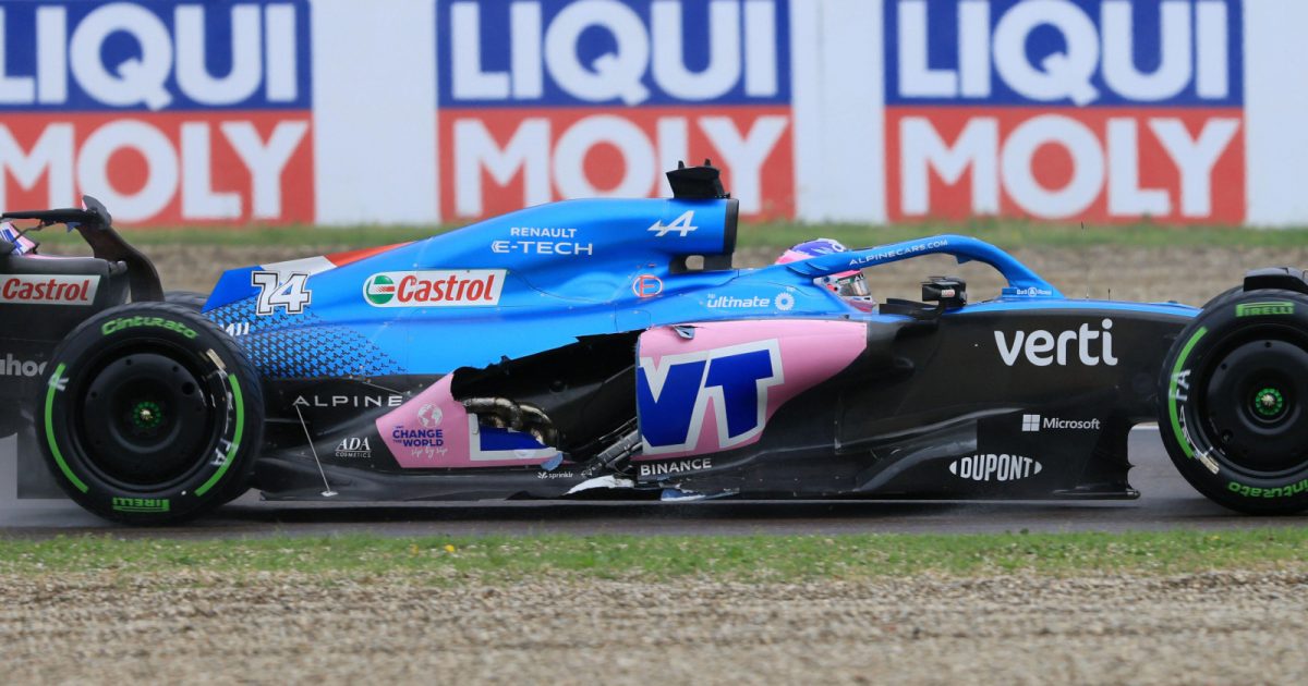 Fernando Alonso's damaged sidepod. Imola April 2022
