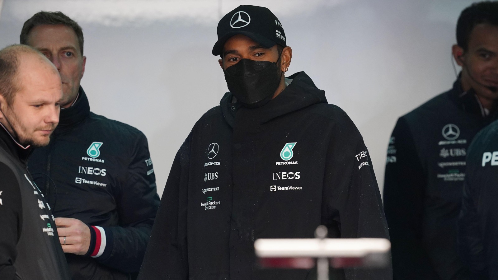 Lewis Hamilton inside the Mercedes garage. Imola, April 2022.