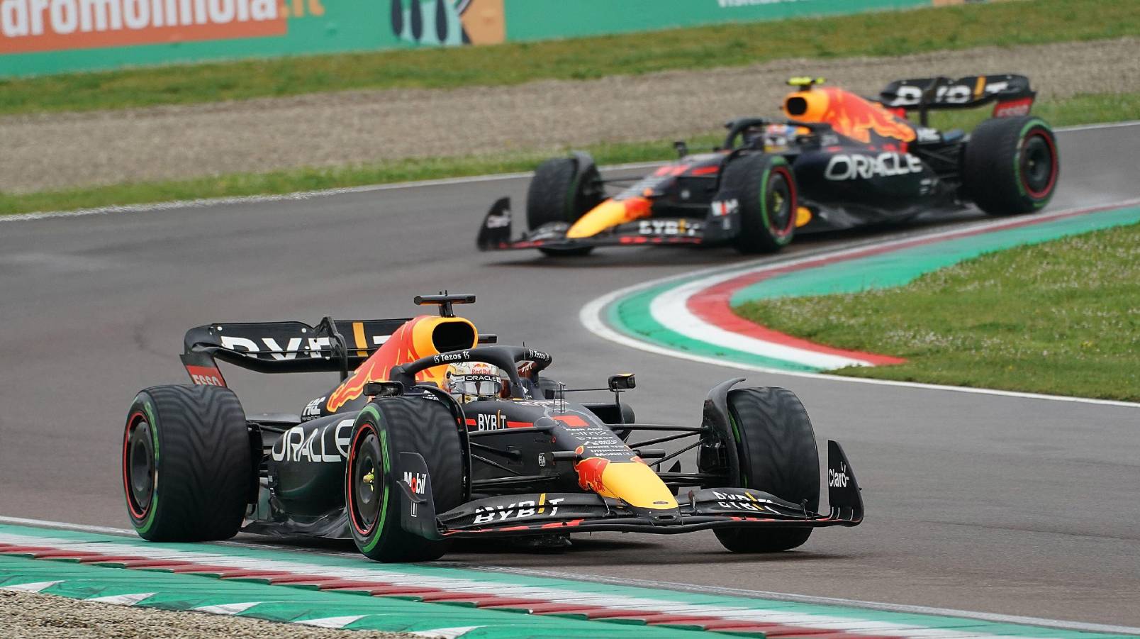 Max Verstappen ahead Sergio Perez during the Emilia Romagna GP. Imola April 2022.