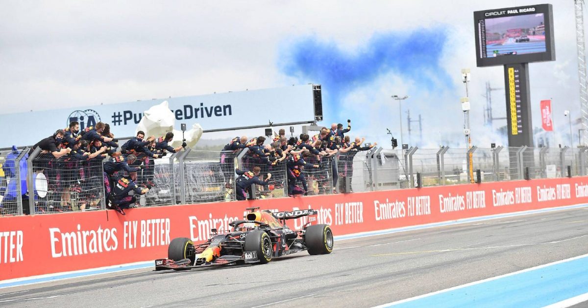 Red Bull mechanics celebrate Max Verstappen's French GP victory. Paul Ricard June 2021.