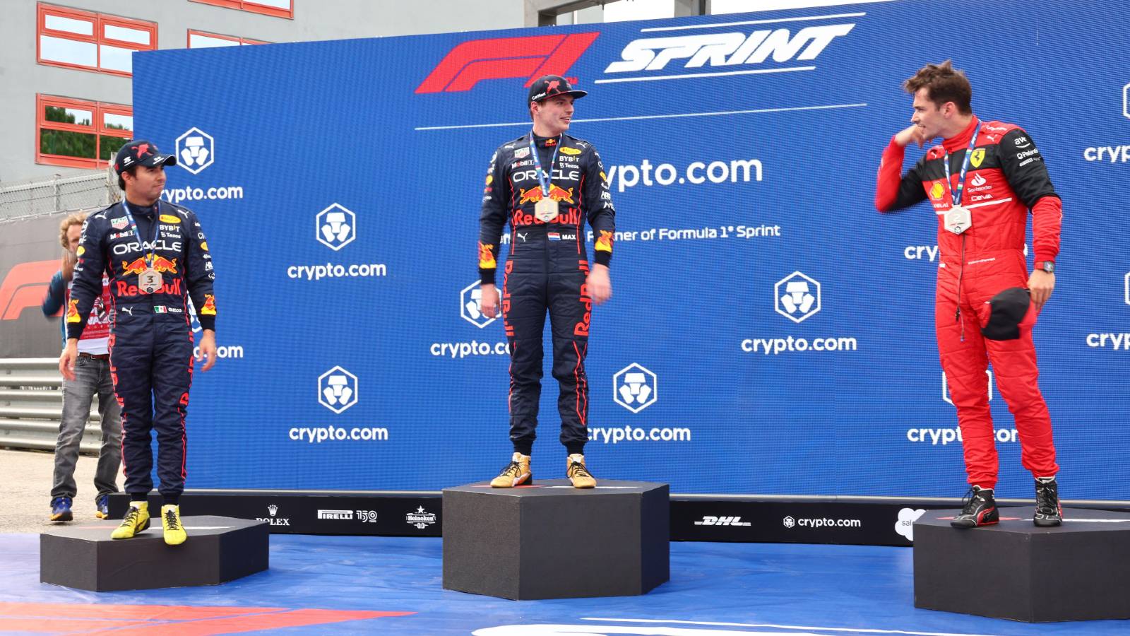 Max Verstappen, Charles Leclerc and Sergio Perez after Emilia Romagna GP sprint qualifying. Imola April 2022.