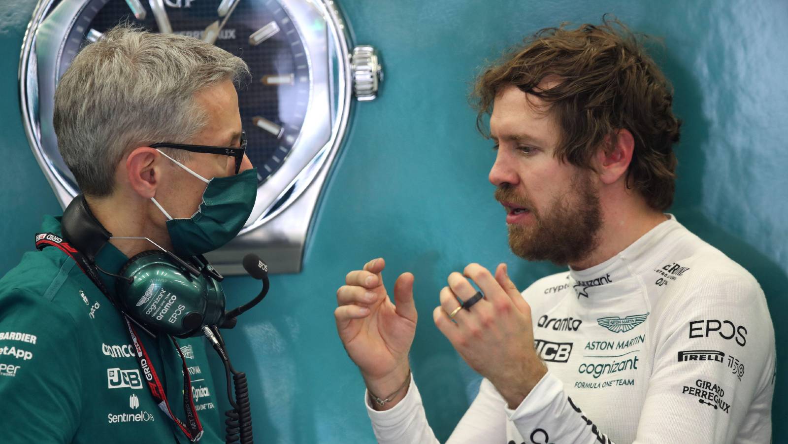 Sebastian Vettel talking to Aston Martin team principal Mike Krack. Bahrain March 2022.