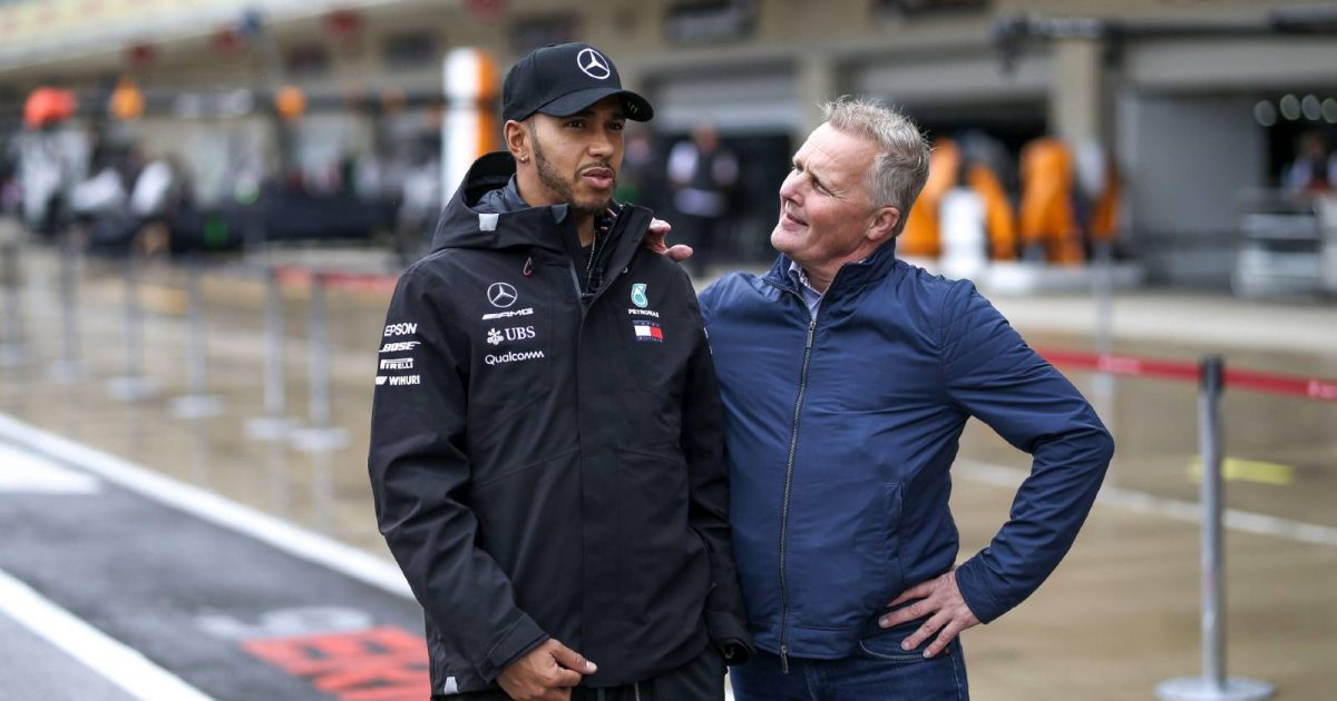 Johnny Herbert with Lewis Hamilton in the pit lane. Austin October 2018.