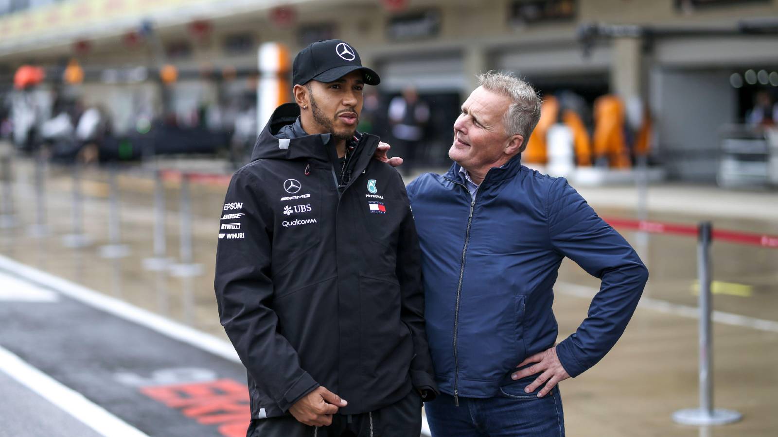 Johnny Herbert with Lewis Hamilton in the pit lane. Austin October 2018.