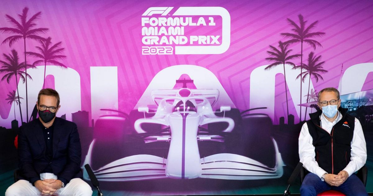 A poster advertising the Miami Grand Prix at a press conference. Italy, April 2021.
