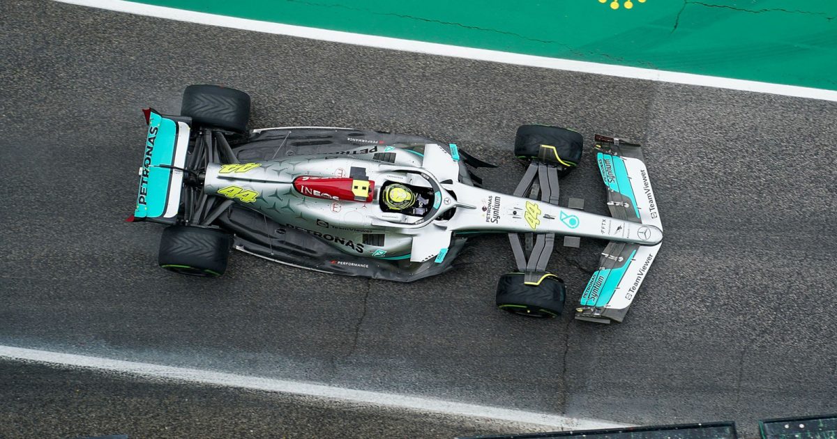 Lewis Hamilton aerial picture intermediate tyres. Imola April 2022