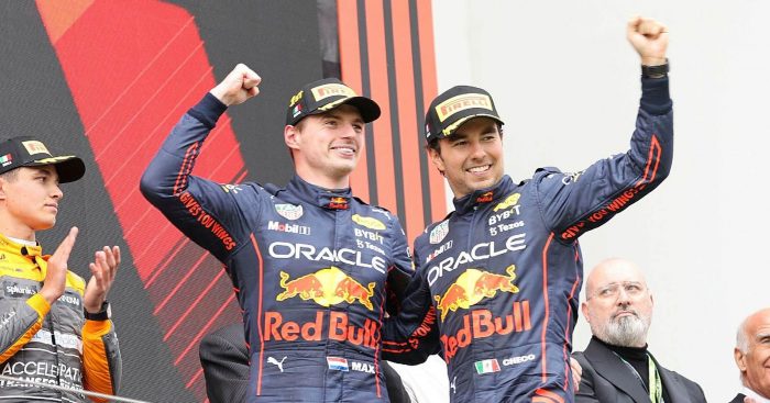 Max Verstappen and Sergio Perez celebrate together. Formula 1 Imola, April 2022.