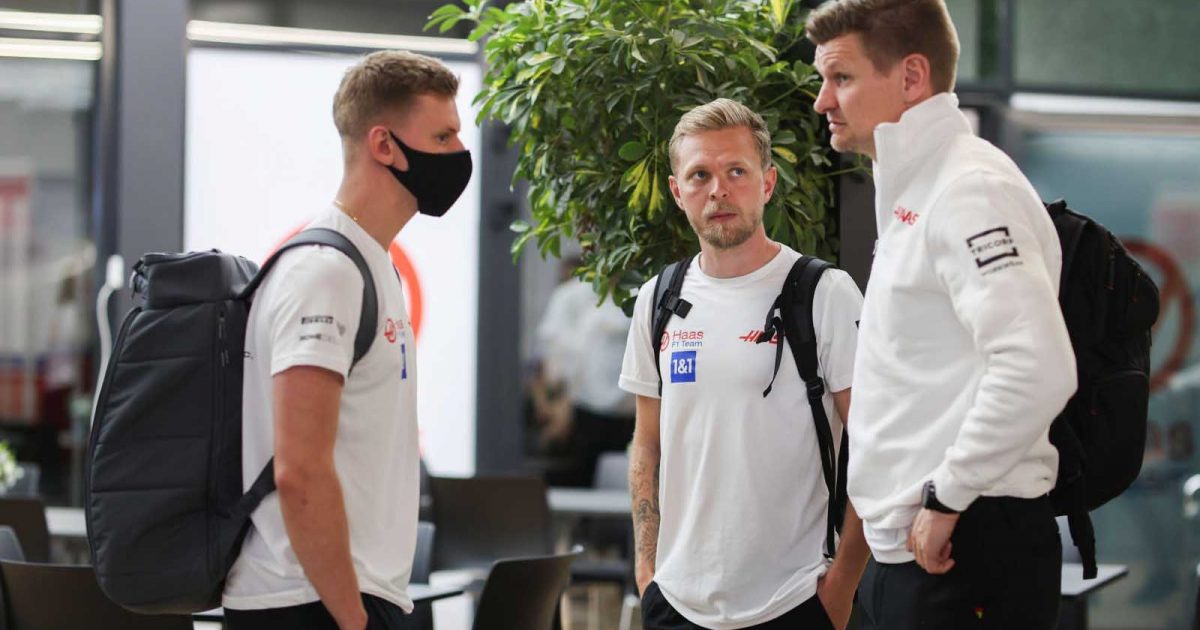 Haas drivers Kevin Magnussen and Mick Schumacher. Jeddah March 2022.