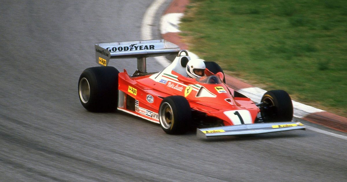 Gilles Villeneuve turns a corner in his Ferrari car. Imola, October 1987.