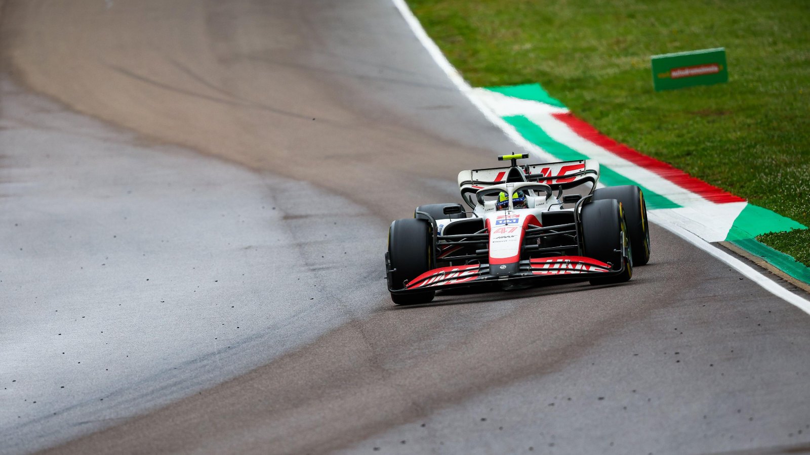 Mick Schumacher driving round a corner. Imola, April 2022.