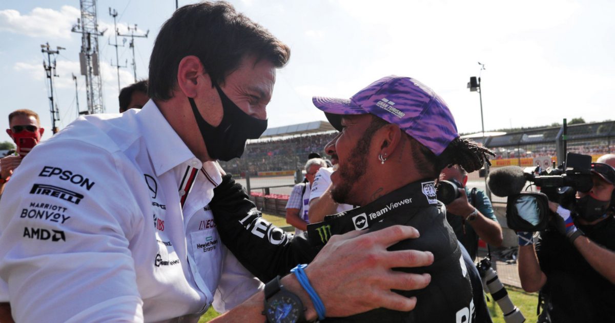 Lewis Hamilton hugs Toto Wolff. Silverstone 2021