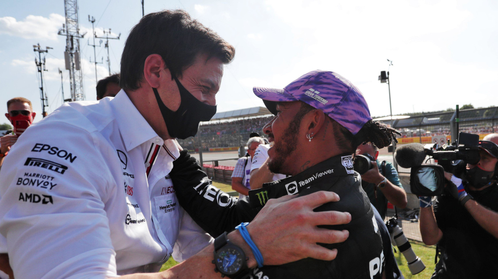 Lewis Hamilton hugs Toto Wolff. Silverstone 2021