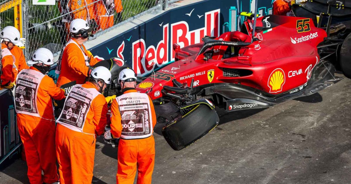 The damaged Ferrari of Carlos Sainz. Miami May 2022.