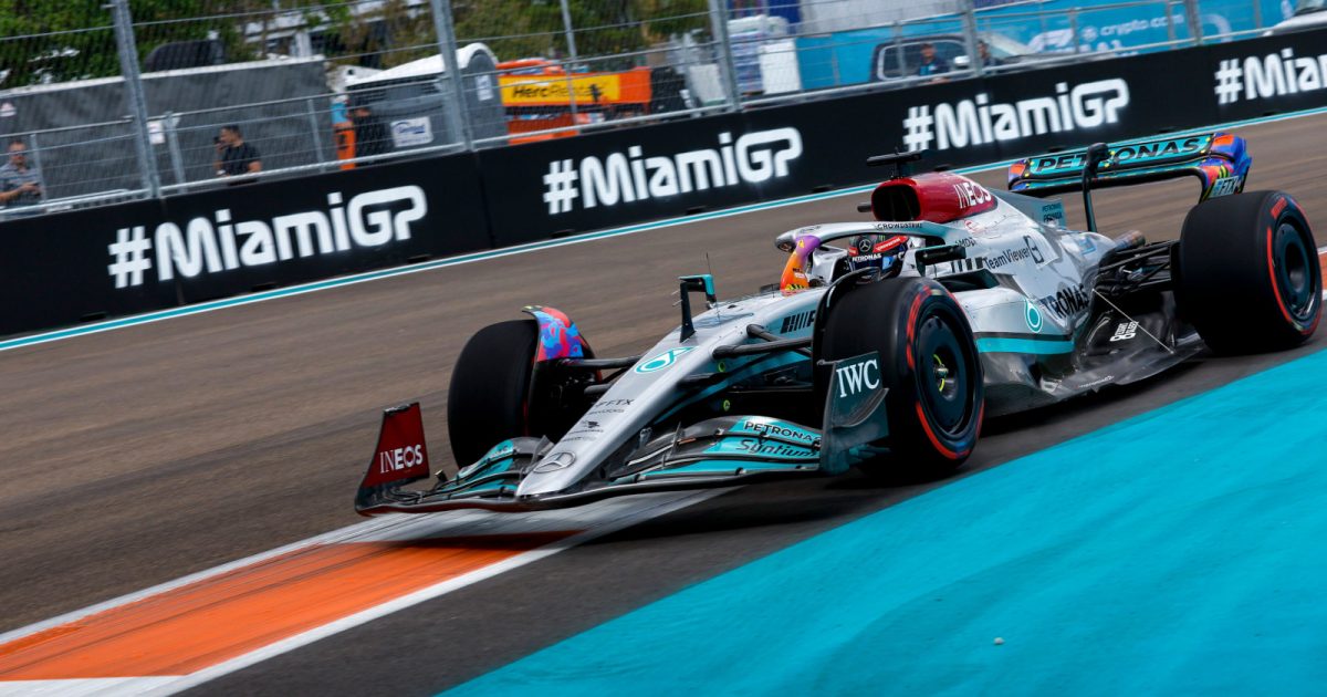 George Russell puts in a lap on the soft tyres. Miami May 2022