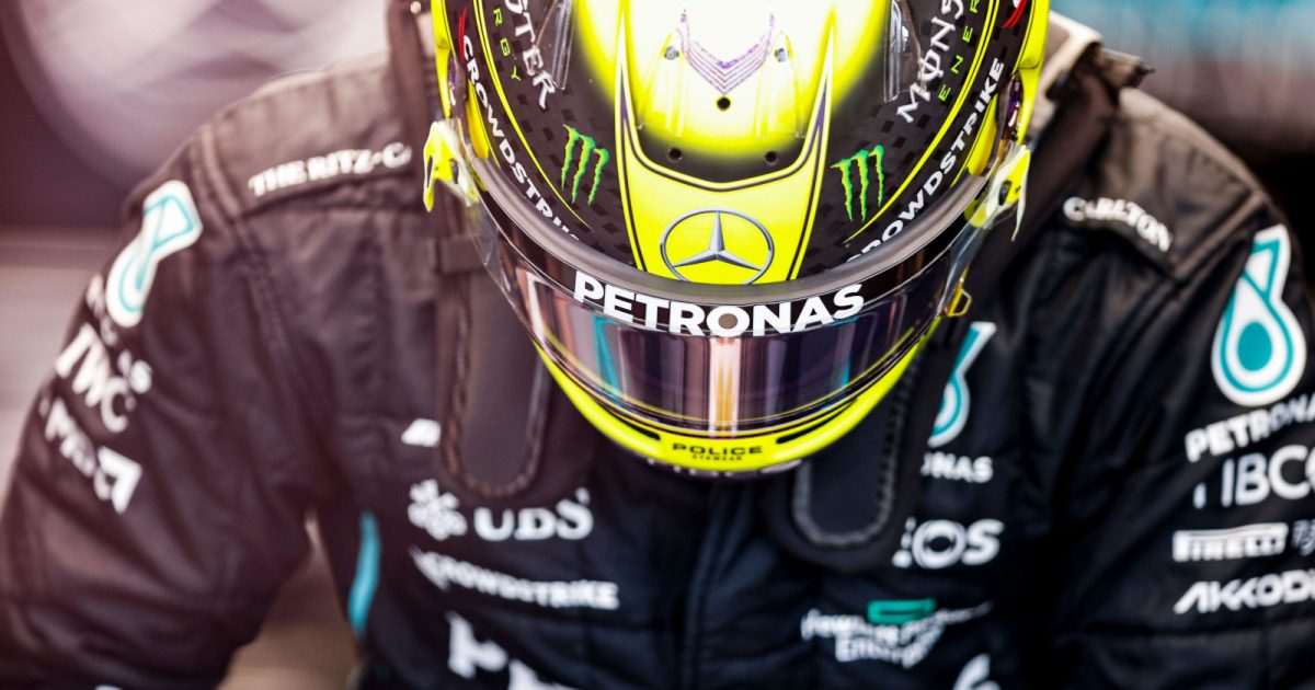Lewis Hamilton up close yellow helmet. Miami May 2022