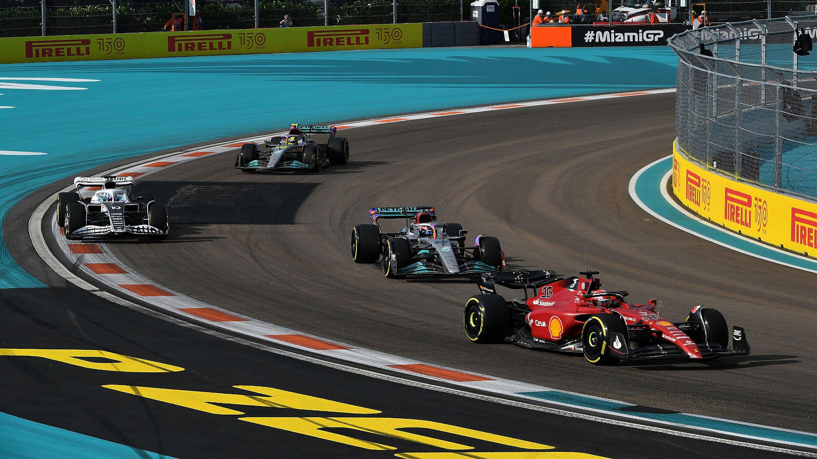 Charles Leclerc leads the two Mercedes and Pierre Gasly. Formula 1 Miami May 2022