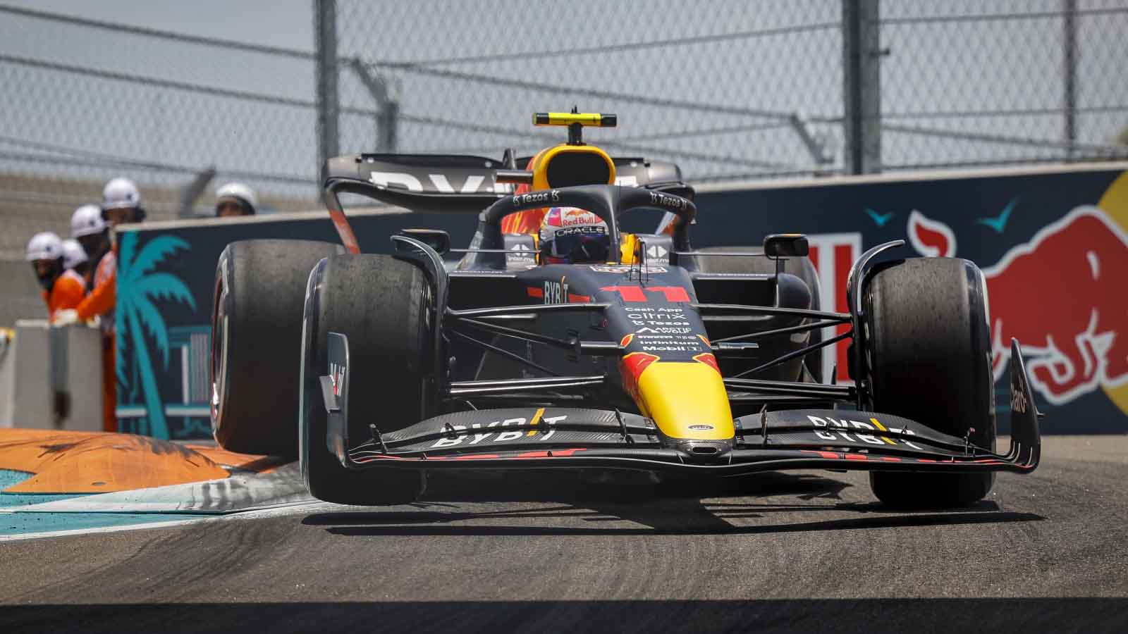 Sergio Perez rounds Turn 14. Miami GP May 2022.