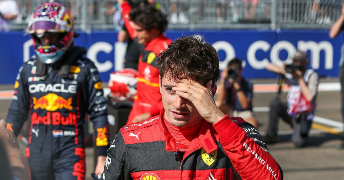 Charles Leclerc happy after taking pole position. Miami May 2022