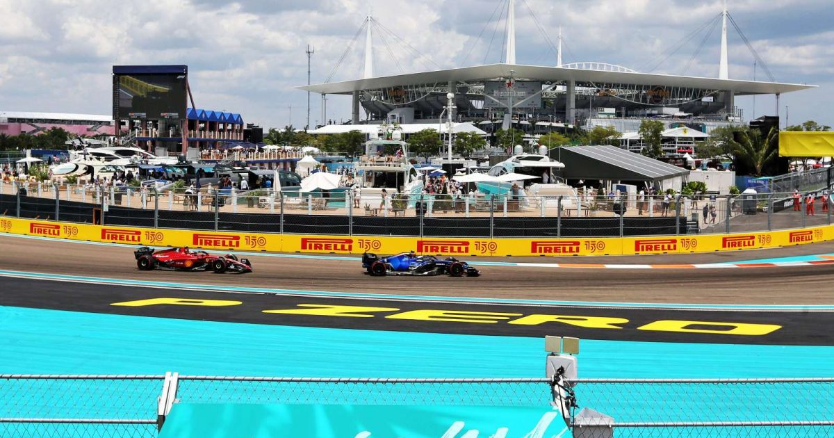 Nicholas Latifi and Carlos Sainz going round a corner at the Miami Grand Prix. Miami GP May 2022.