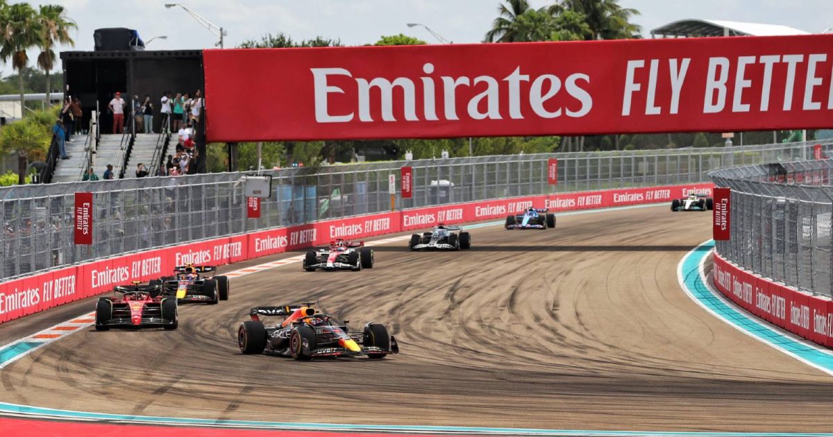 Max Verstappen leads the Miami Grand Prix. Miami May 2022.