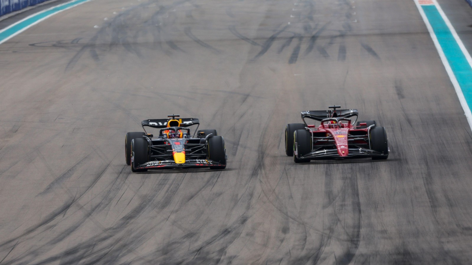 Max Verstappen passes Charles Leclerc in Miami. United States, May 2022.