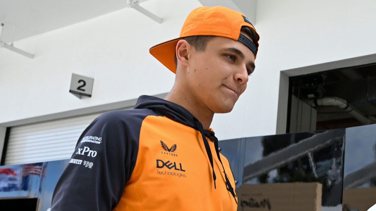 Lando Norris arrives at the paddock for the Miami Grand Prix. Miami, May 2022.