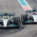 Mercedes pair Lewis Hamilton racing George Russell. Miami May 2022
