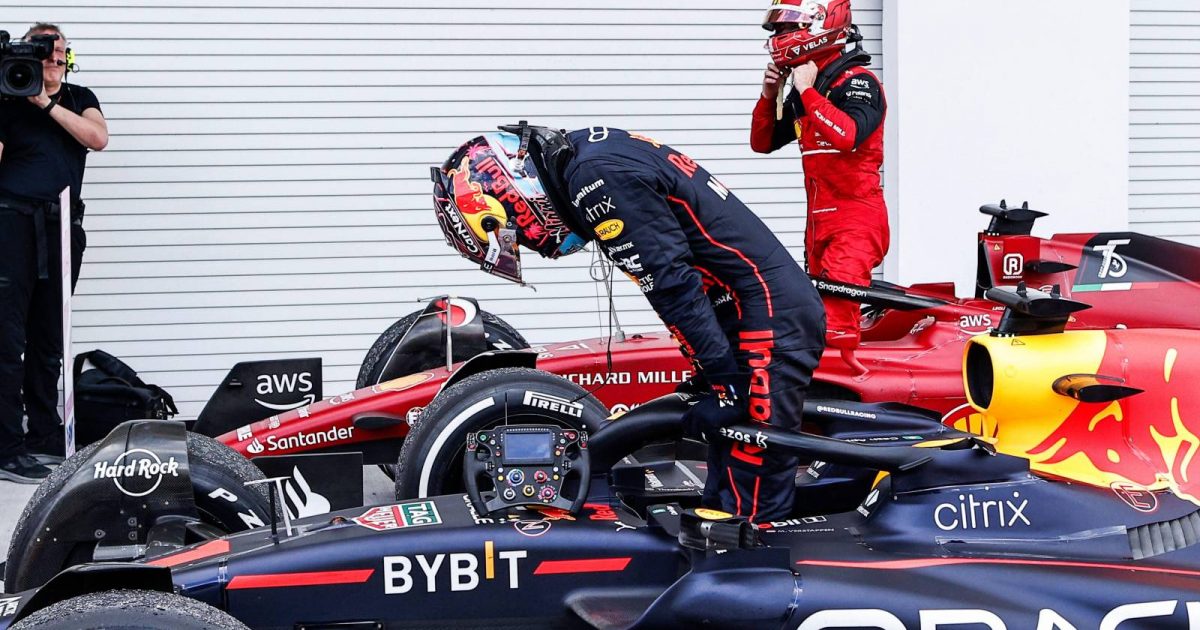Max Verstappen, Red Bull, and Charles Leclerc, Ferrari, exit their cars. United States, May 2022.