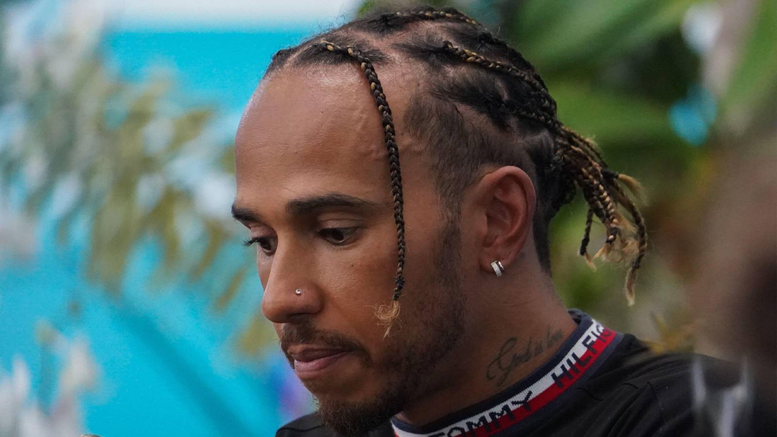 Lewis Hamilton with piercings visible. Miami May 2022.