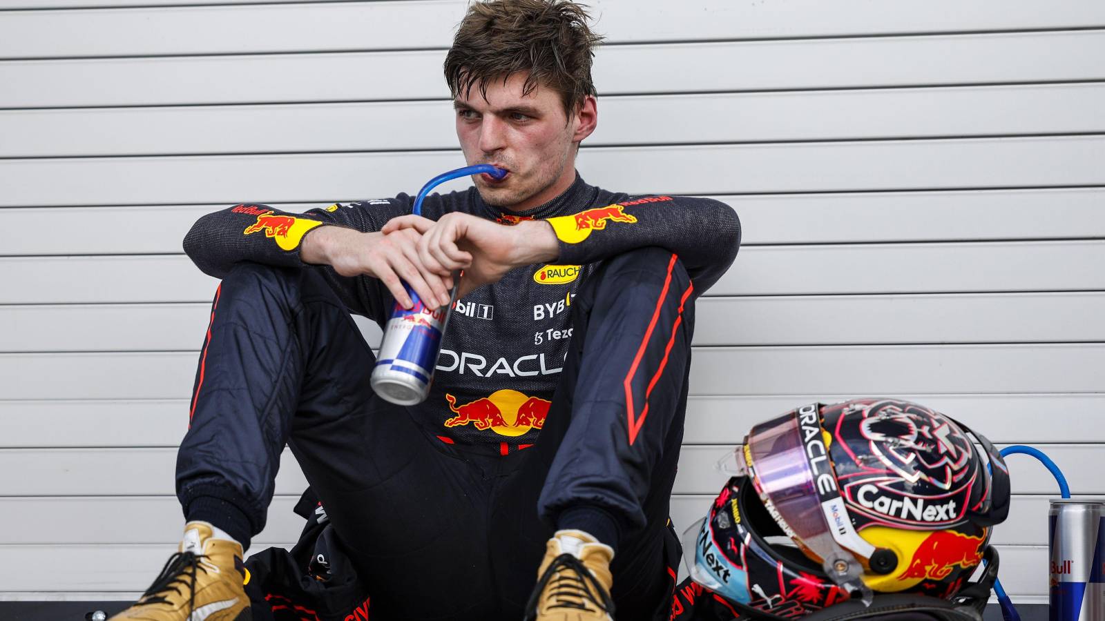 Max Verstappen, Red Bull, has a post-race drink in Miami.