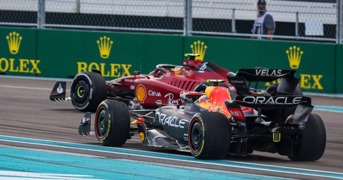 Sergio Perez behind Carlos Sainz. Miami May 2022.