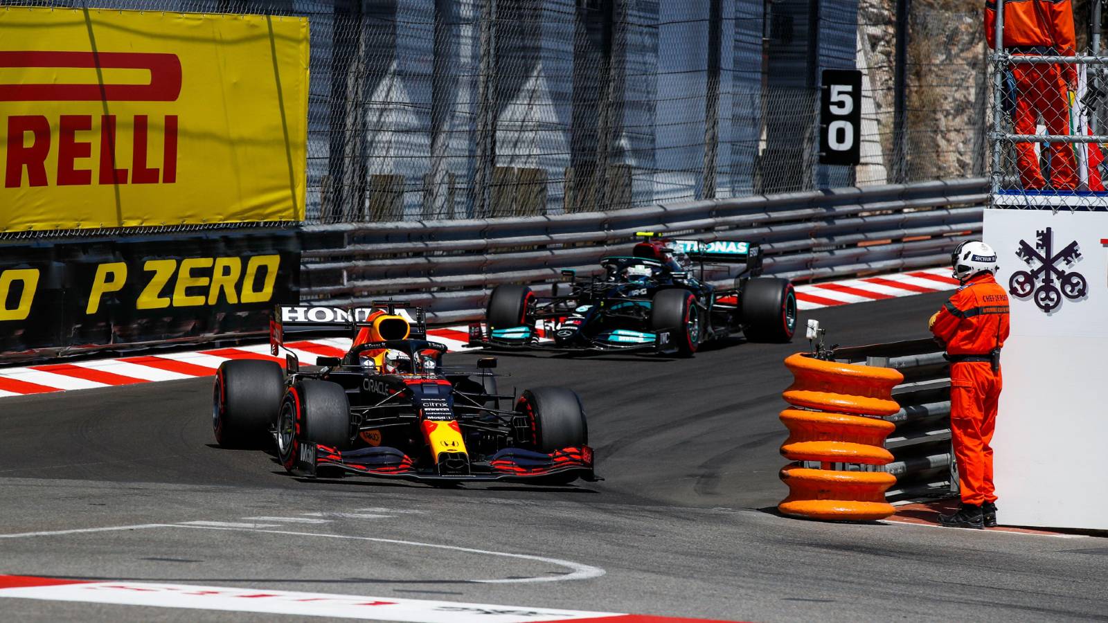 Max Verstappen ahead of Valtteri Bottas in the Monaco GP. Monte Carlo May 2021.