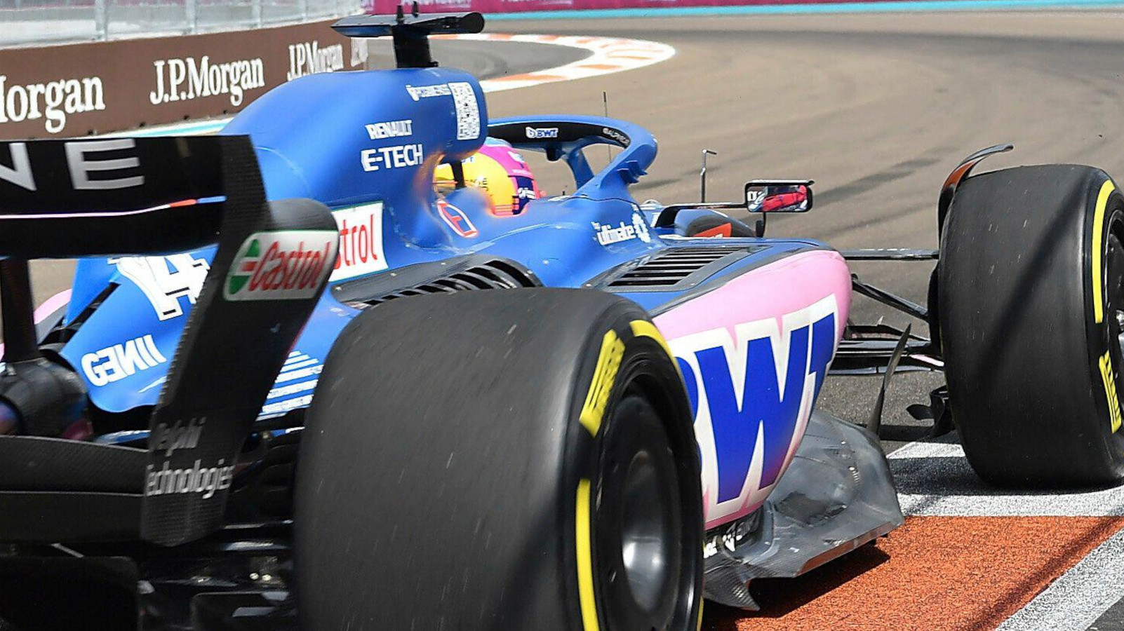 Fernando Alonso out on track shot from behind. Miami May 2022