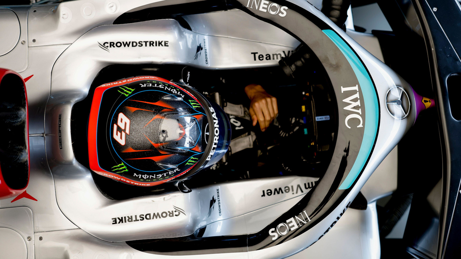 Mercedes driver George Russell aerial in the cockpit W13. Miami May 2022