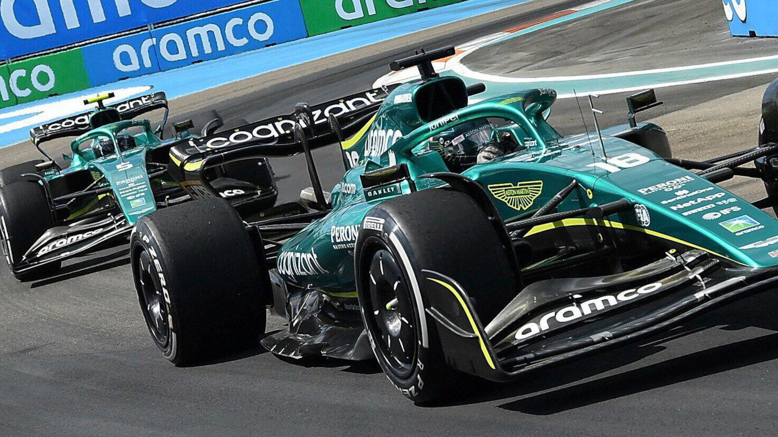 Lance Stroll leads Sebastian Vettel around the track. Miami May 2022