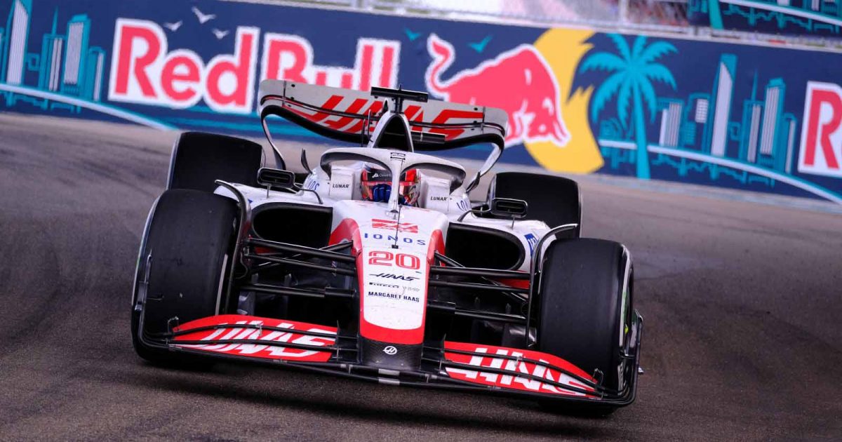 Kevin Magnussen goes under the overpass. Miami May 2022.
