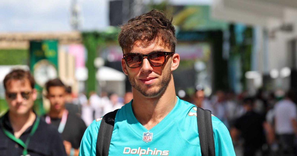 Pierre Gasly in a Miami Dolphins Jersey. May 2022.