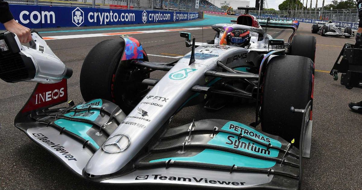 George Russell, Mercedes, on the Miami grid. United States, May 2022.