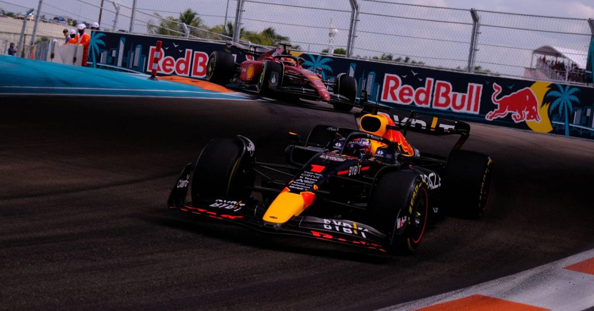 Max Verstappen leads Charles Leclerc through the chicane. United States, May 2022.