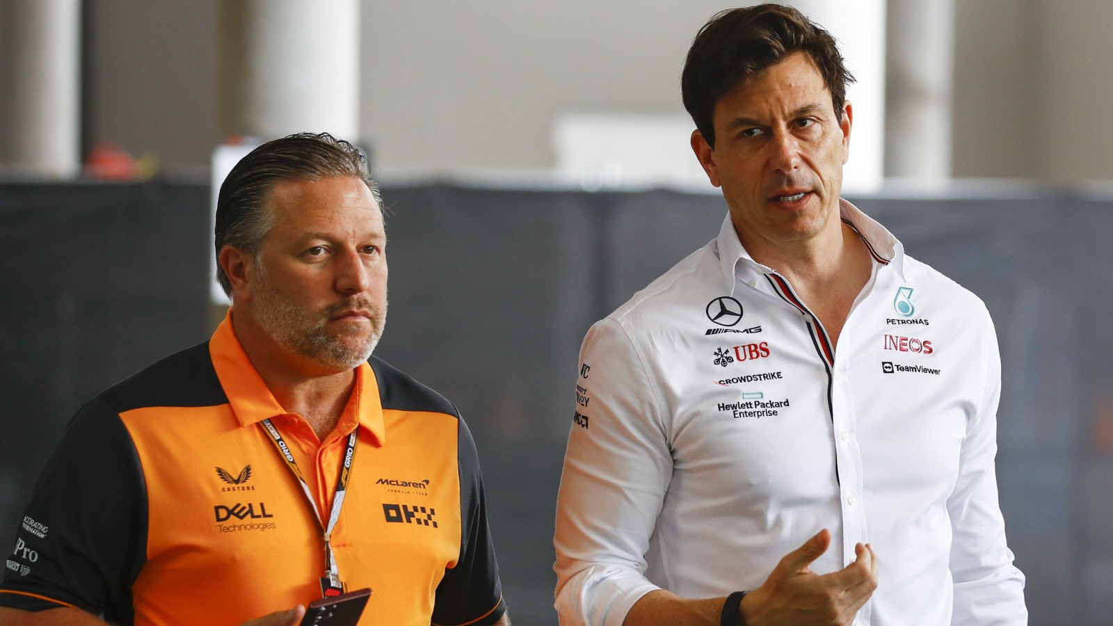 Zak Brown, McLaren and Toto Wolff, Mercedes, talk in Miami. United States, May 2022.