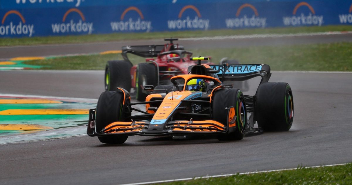 Lando Norris, McLaren, followed by Charles Leclerc, Ferrari. Italy, April 2022.