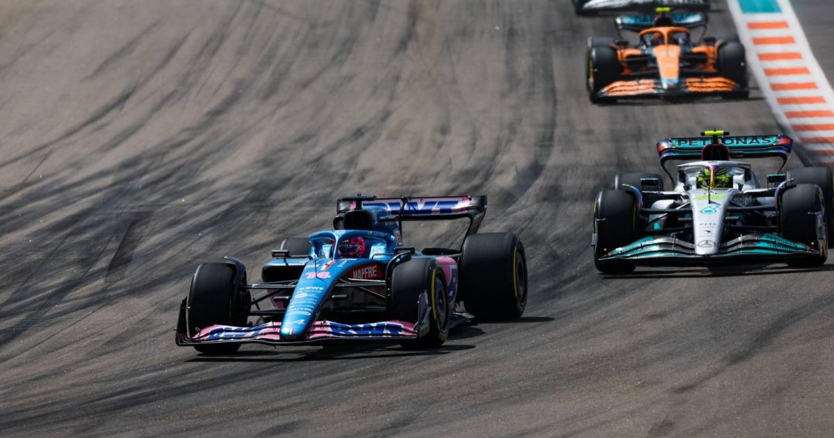 Lewis Hamilton follows Fernando Alonso in Miami. United States, May 2022.