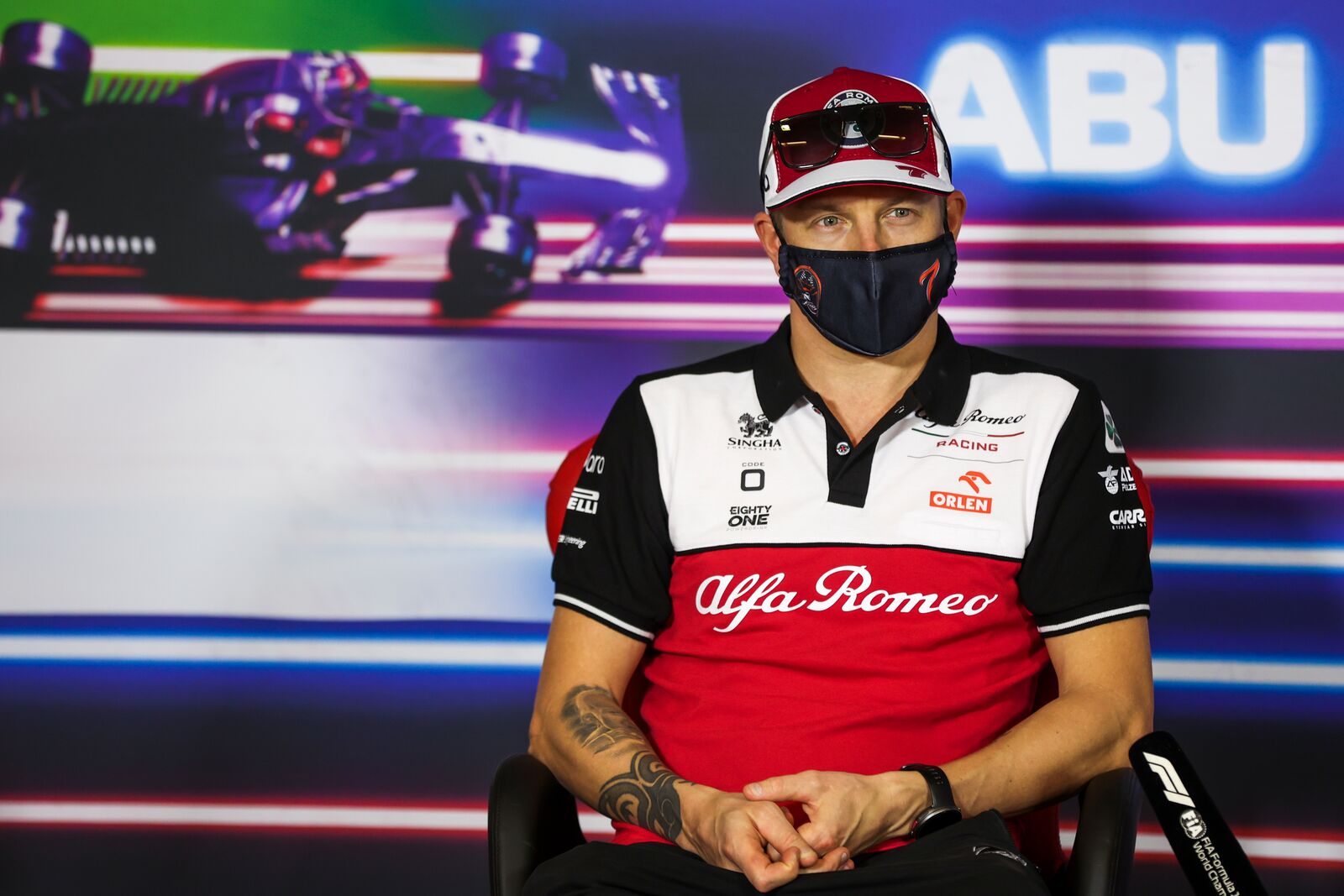 Kimi Raikkonen, Alfa Romeo, talks to media at the Abu Dhabi GP. Yas Marina, December 2021.