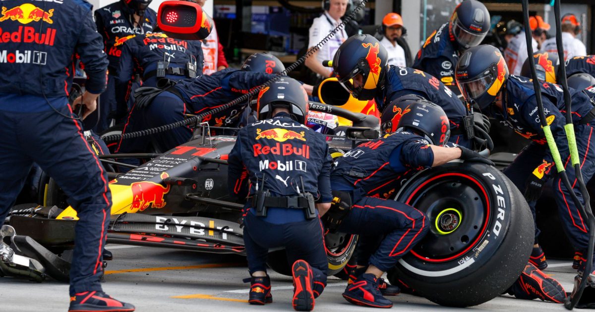 Sergio Perez pits for new tyres. Miami May 2022