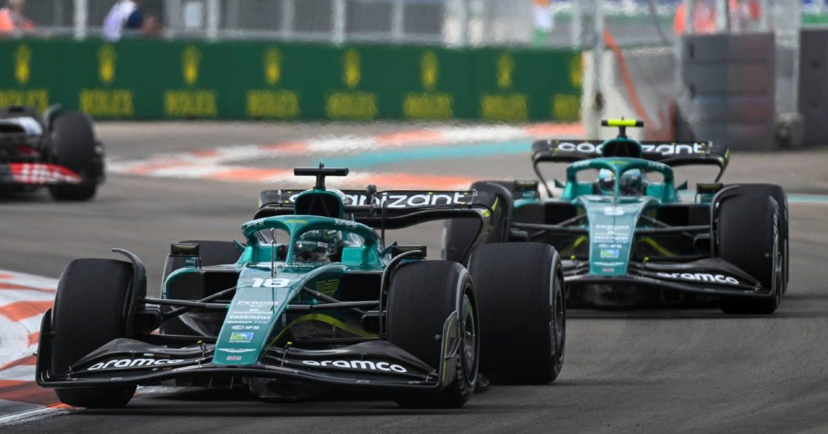 Lance Stroll leads Aston Martin team-mate Sebastian Vettel. Miami May 2022.