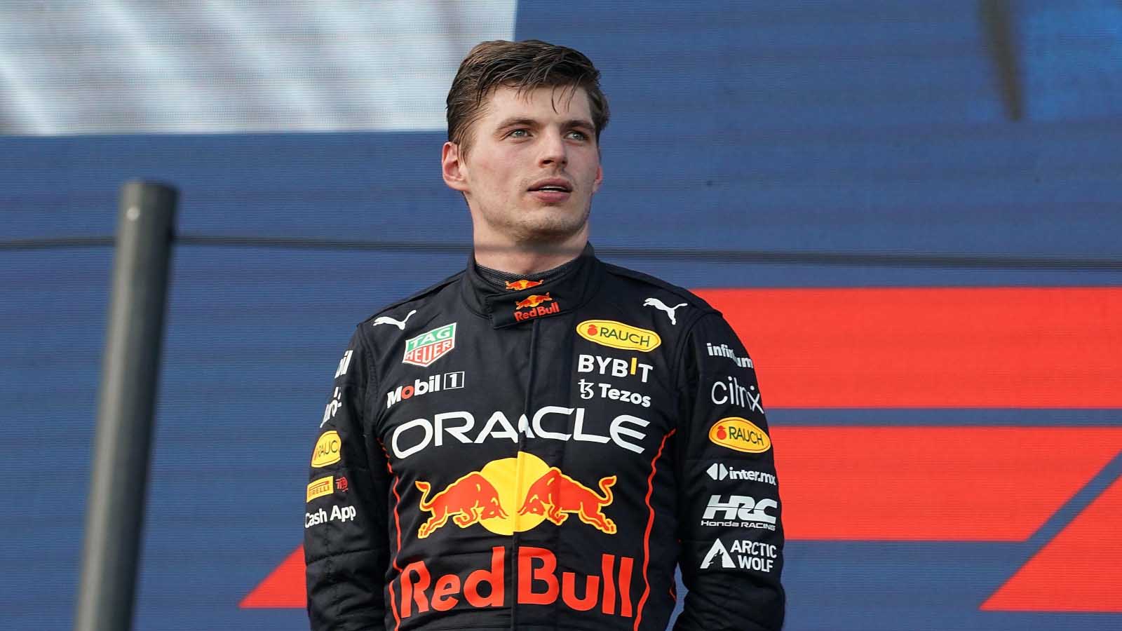 Max Verstappen on top of the podium. Miami May 2022.