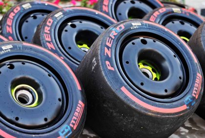 A stack of soft Pirelli tyres. Bahrain March 2022.