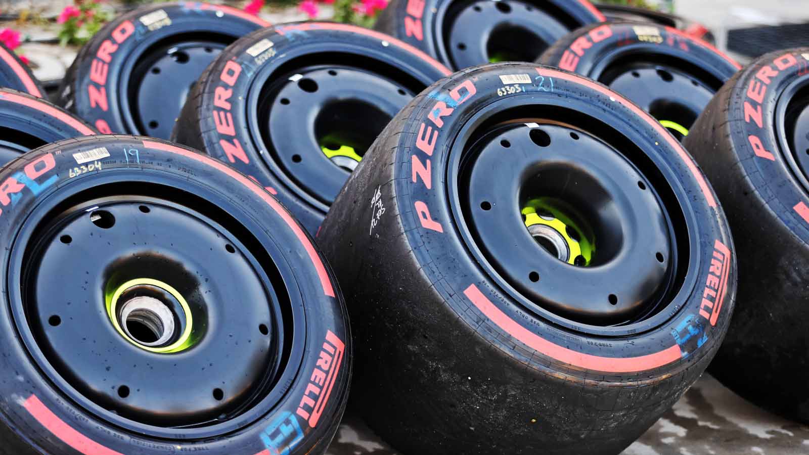 A stack of soft Pirelli tyres. Bahrain March 2022.