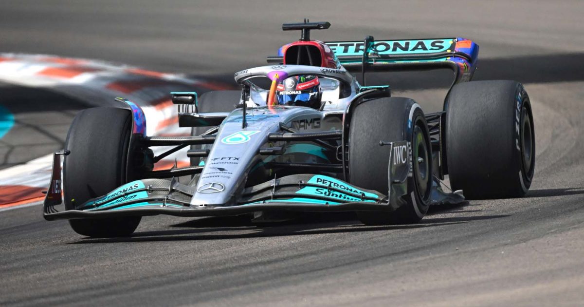Mercedes driver George Russell in action. Miami May 2022.